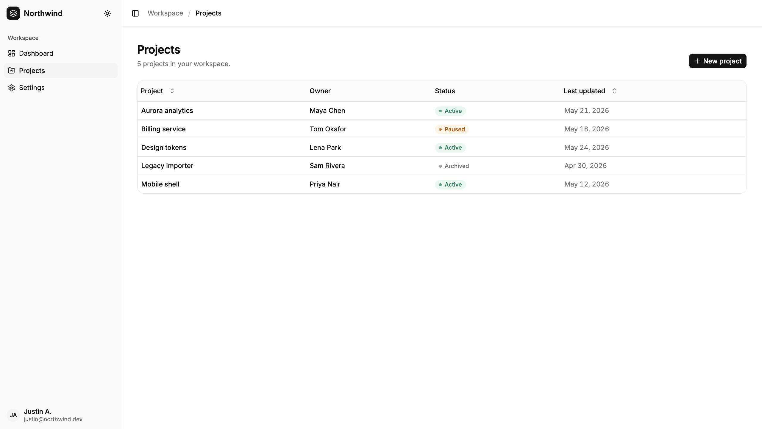 The finished projects dashboard built with shadcn-svelte: a collapsible sidebar, a page header with a New project button, and a sortable table of projects with status badges.