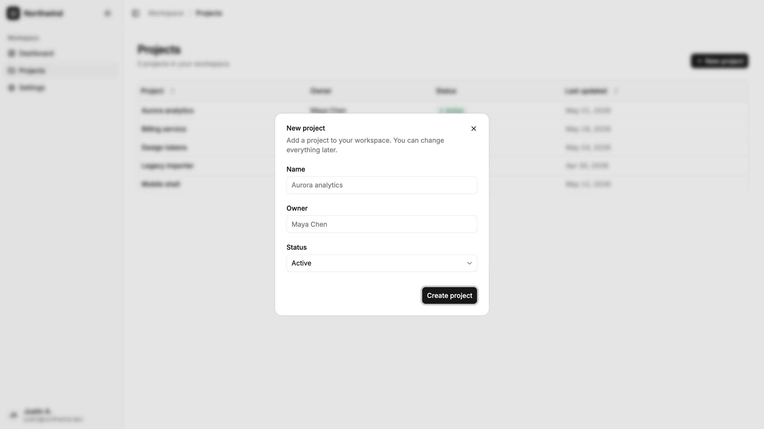 The New project dialog, showing shadcn-svelte form fields: a name input, an owner input, a status select, and a Create project button.